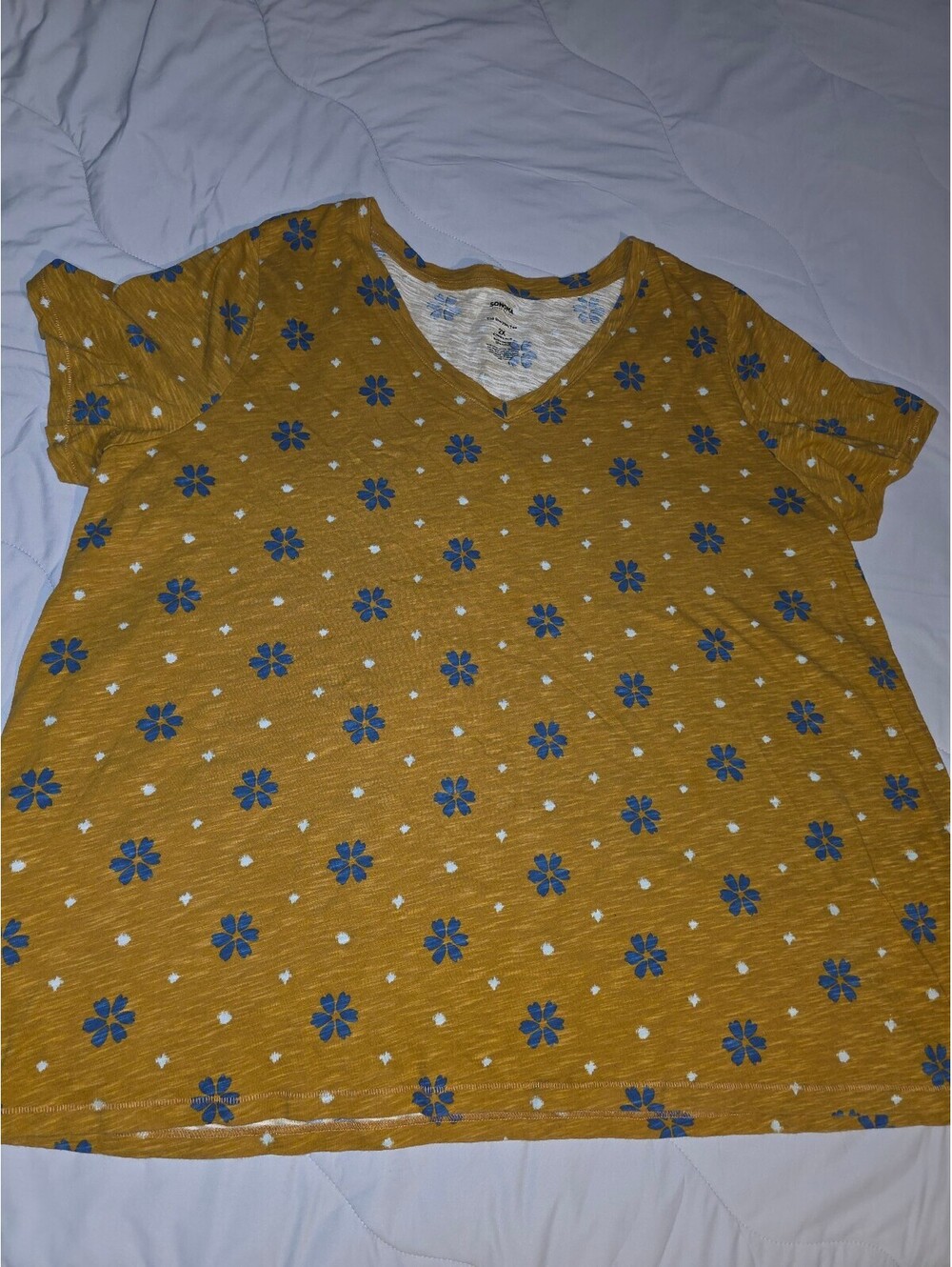 Sonoma Women's Top, XL, Short Sleeve, Ocher/Blue Flowers, Cotton, Machine Wash